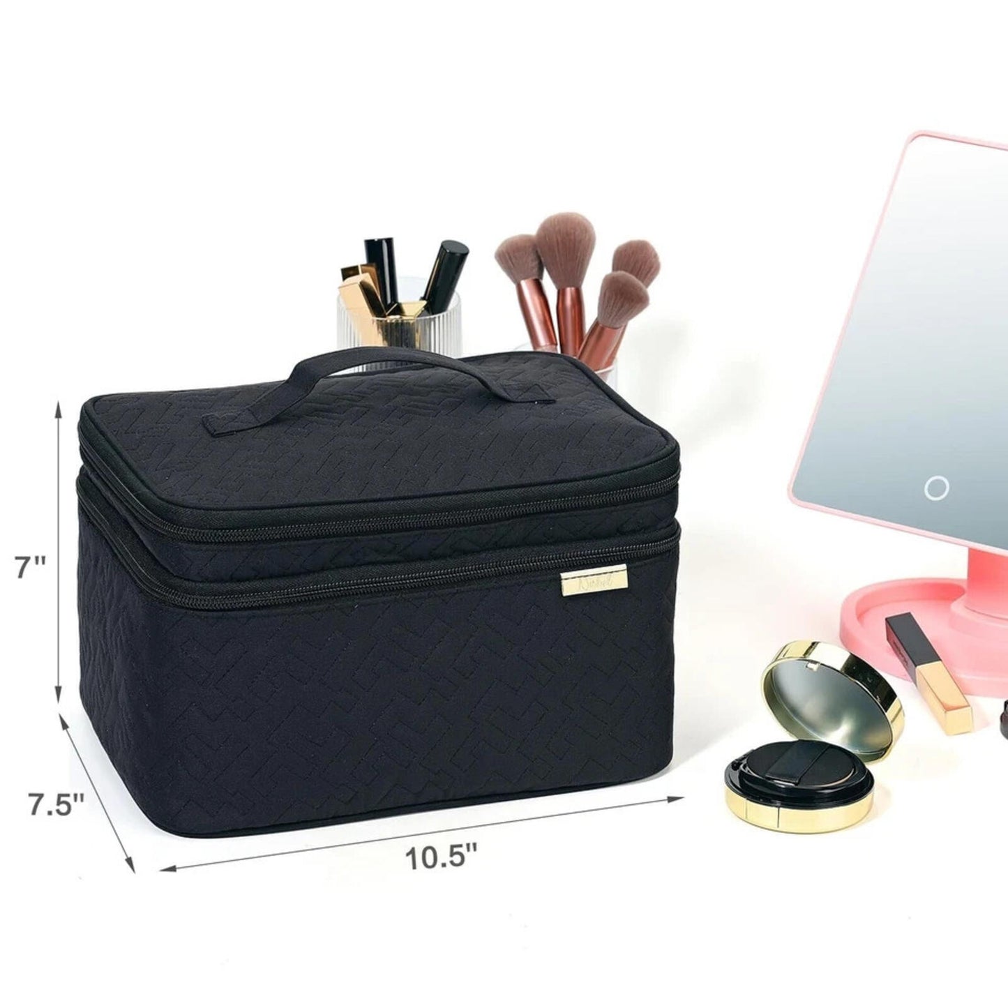 ** NISHEL Large Double Layer Travel Makeup Bag Women, Cosmetic Case, Black