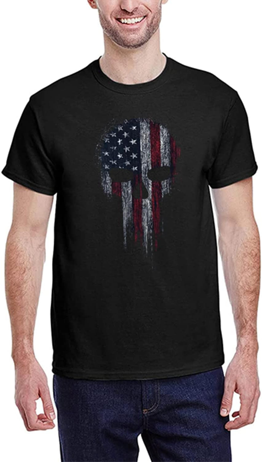 Men American Flag Patriotic Eagle T Shirt 4Th of July Skull round Neck Short Sleeve