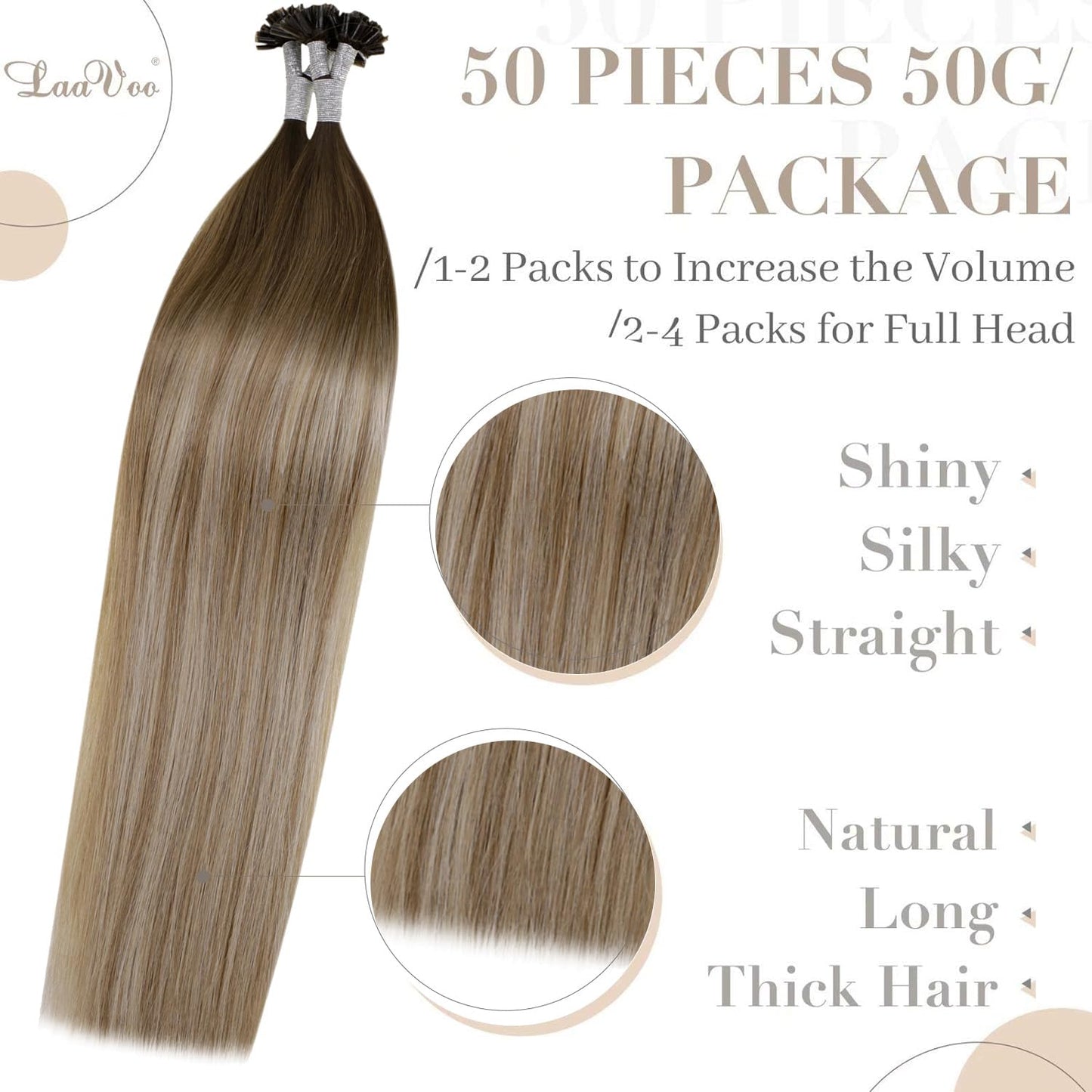 Laavoo U Tip Hair Extensions Real Human Hair - Medium Brown Ombre, Golden Blonde Balayage, Platinum Blonde - 20Inch, 50G/S