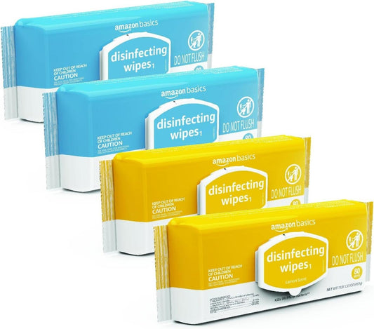 ** Amazon Basics Disinfecting Wipes, Lemon & Fresh Air Scent,4 pack (80 each)