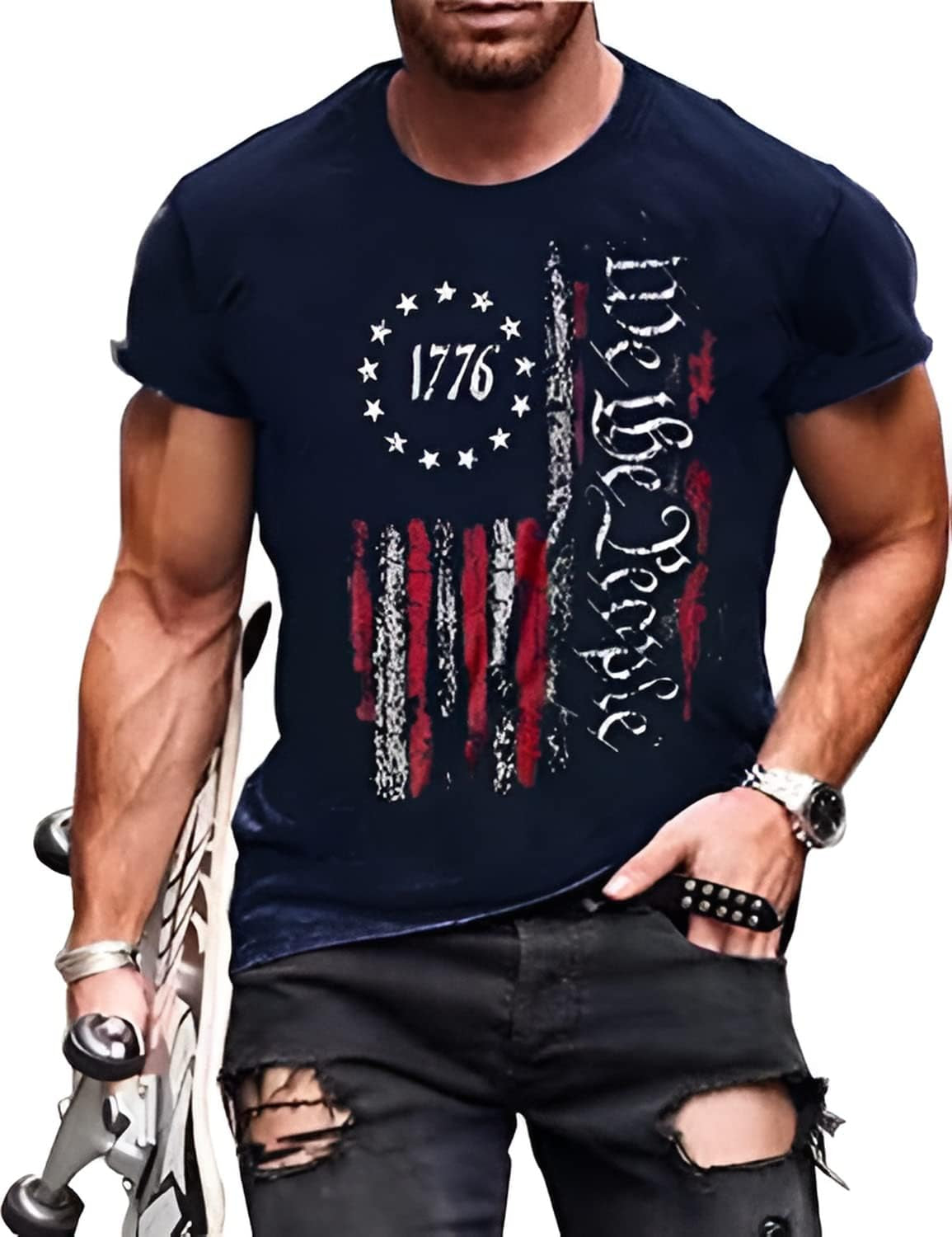 Men American Flag Patriotic Eagle T Shirt 4Th of July Skull round Neck Short Sleeve