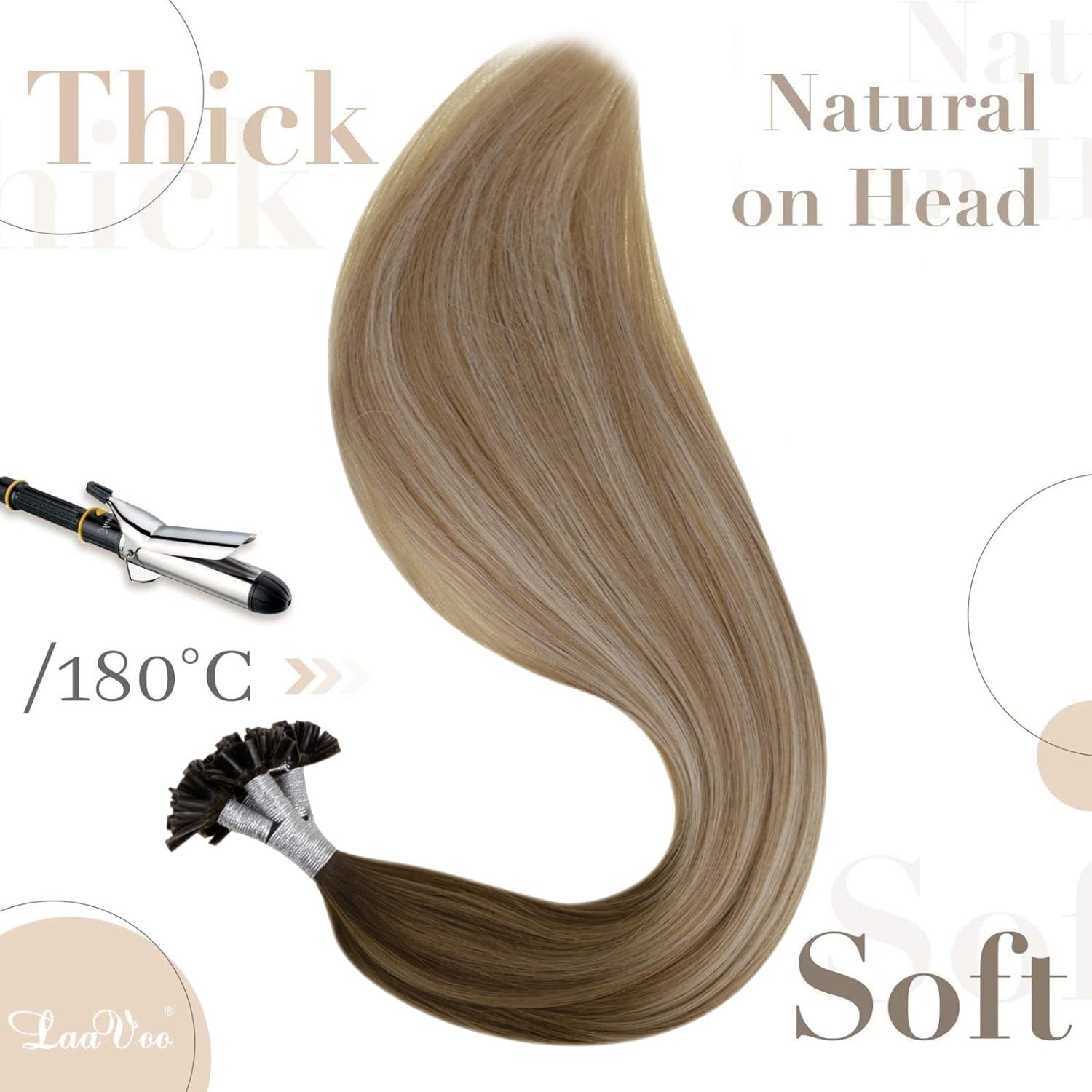 Laavoo U Tip Hair Extensions Real Human Hair - Medium Brown Ombre, Golden Blonde Balayage, Platinum Blonde - 20Inch, 50G/S