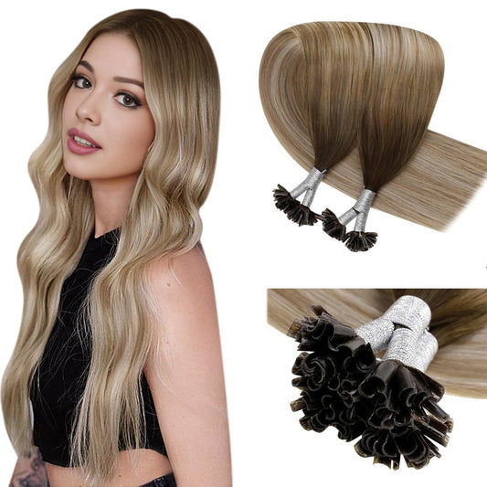 Laavoo U Tip Hair Extensions Real Human Hair - Medium Brown Ombre, Golden Blonde Balayage, Platinum Blonde - 20Inch, 50G/S