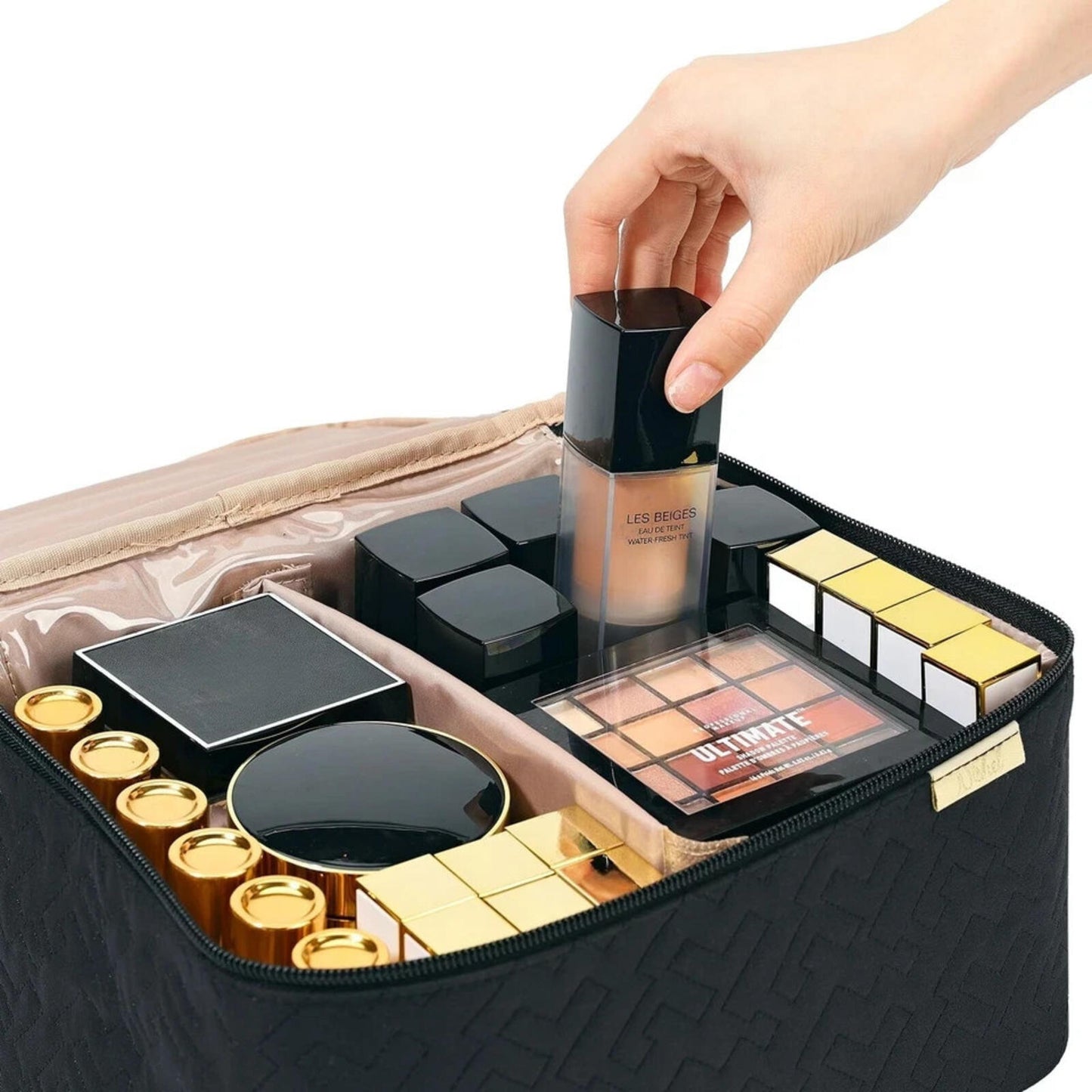 ** NISHEL Large Double Layer Travel Makeup Bag Women, Cosmetic Case, Black