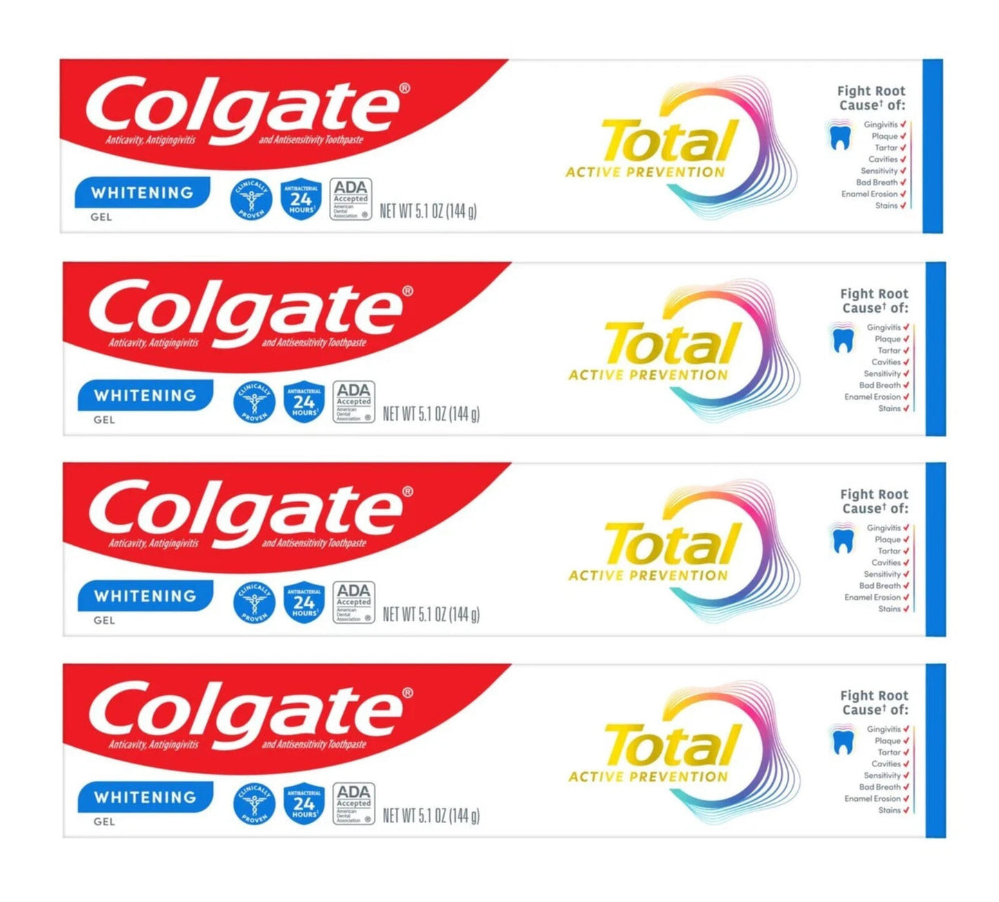 Colgate Total Anticavity Toothpaste Gel, Whitening, Mint, 5.1oz (4 PACK)