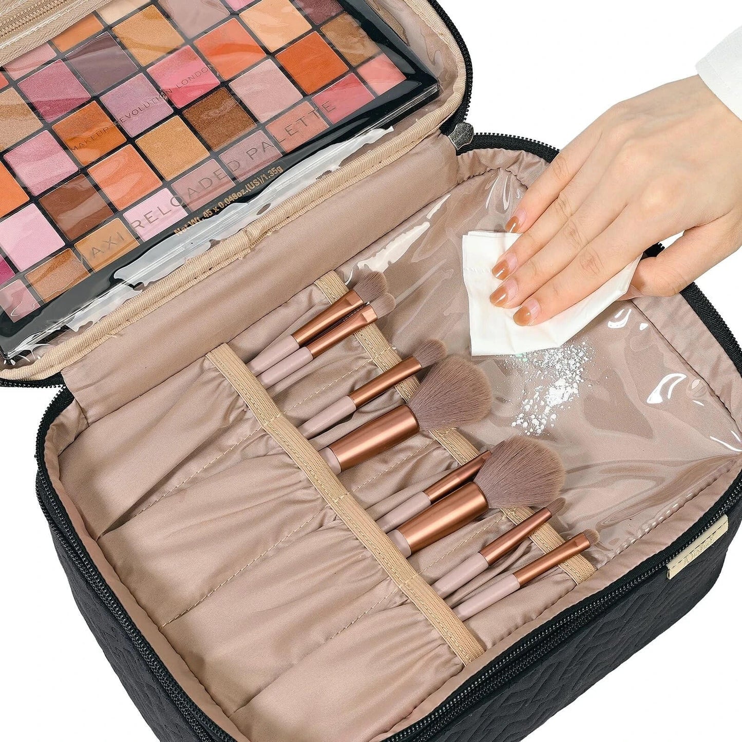 ** NISHEL Large Double Layer Travel Makeup Bag Women, Cosmetic Case, Black