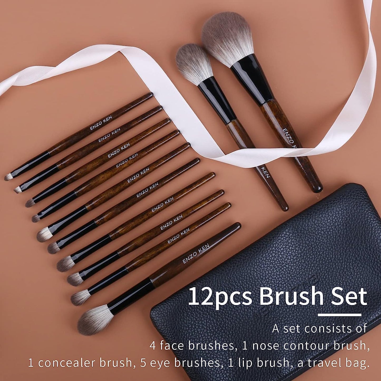ENZO KEN Natural Goat Hair Makeup Brush Set with Case, Natural Makeup Brushes, Natural Bristle Makeup Brushes, Natural Hair Makeup Brushes Set Professional, Walnut Cosmetic Brushes Makeup Set - MONI