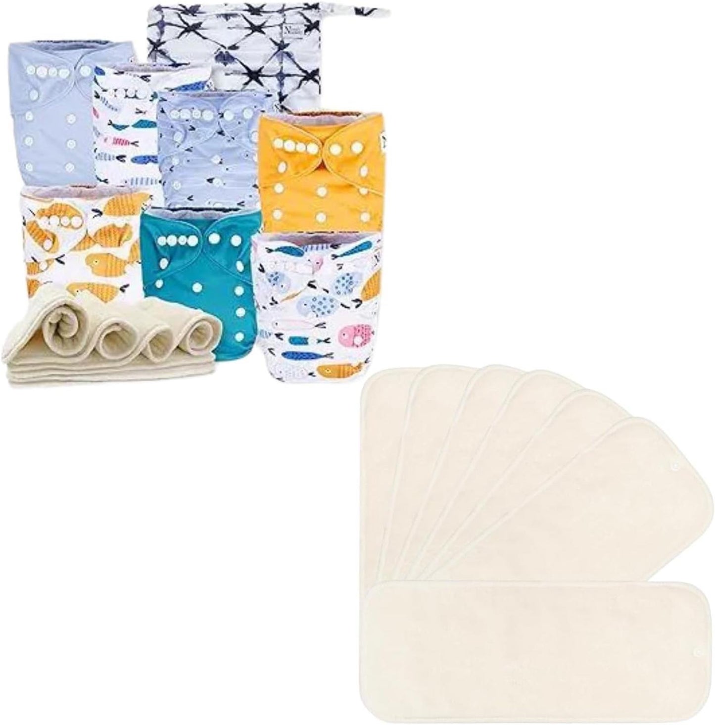 Open Box- Nora's Nursery Cloth Diapers 7 Pack with 7 Inserts & 1 Wet Bag