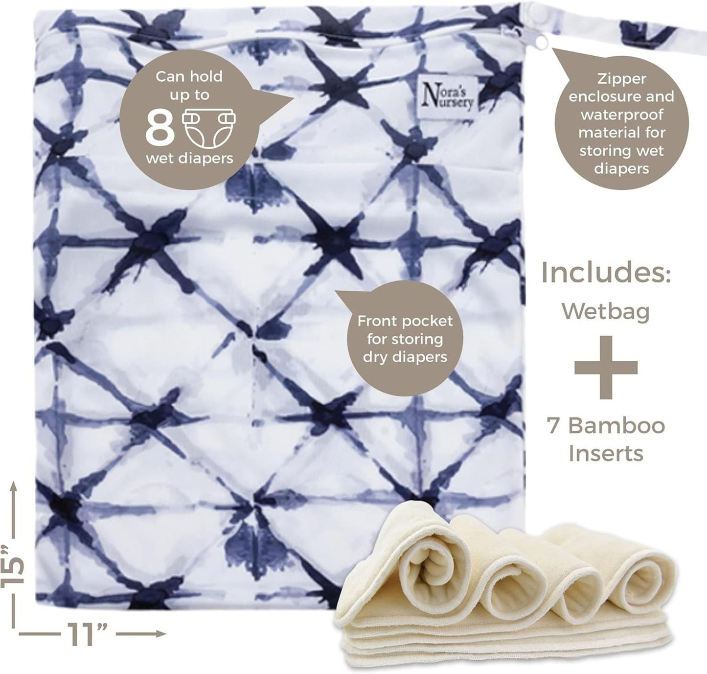 Open Box- Nora's Nursery Cloth Diapers 7 Pack with 7 Inserts & 1 Wet Bag