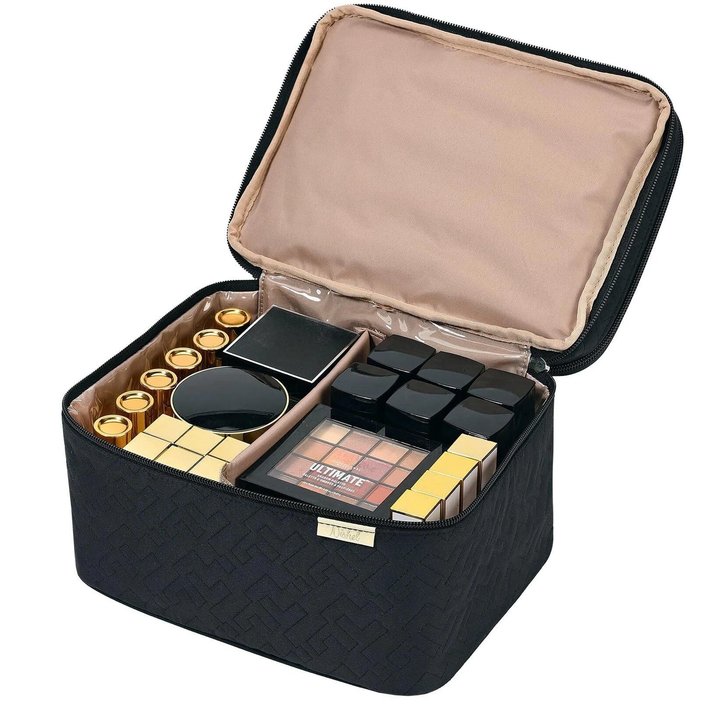 ** NISHEL Large Double Layer Travel Makeup Bag Women, Cosmetic Case, Black