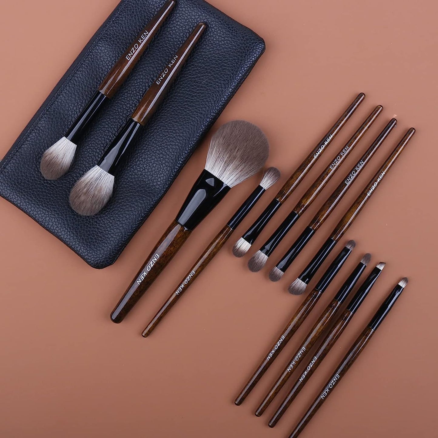 ENZO KEN Natural Goat Hair Makeup Brush Set with Case, Natural Makeup Brushes, Natural Bristle Makeup Brushes, Natural Hair Makeup Brushes Set Professional, Walnut Cosmetic Brushes Makeup Set - MONI