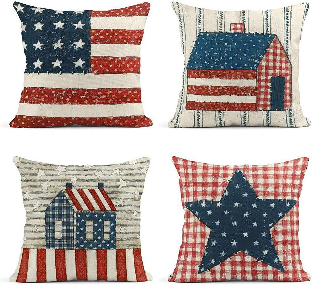 Artsocket Set of 4 Linen Throw Pillow Covers Day 4Th of July Independence Decorative Pillow Cases Home Decor Square 18X18 Inches Pillowcases