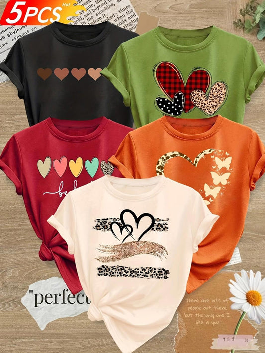 5 pcs Women's Vintage Casual Short-Sleeve Round Neck T-Shirts - Size M/L