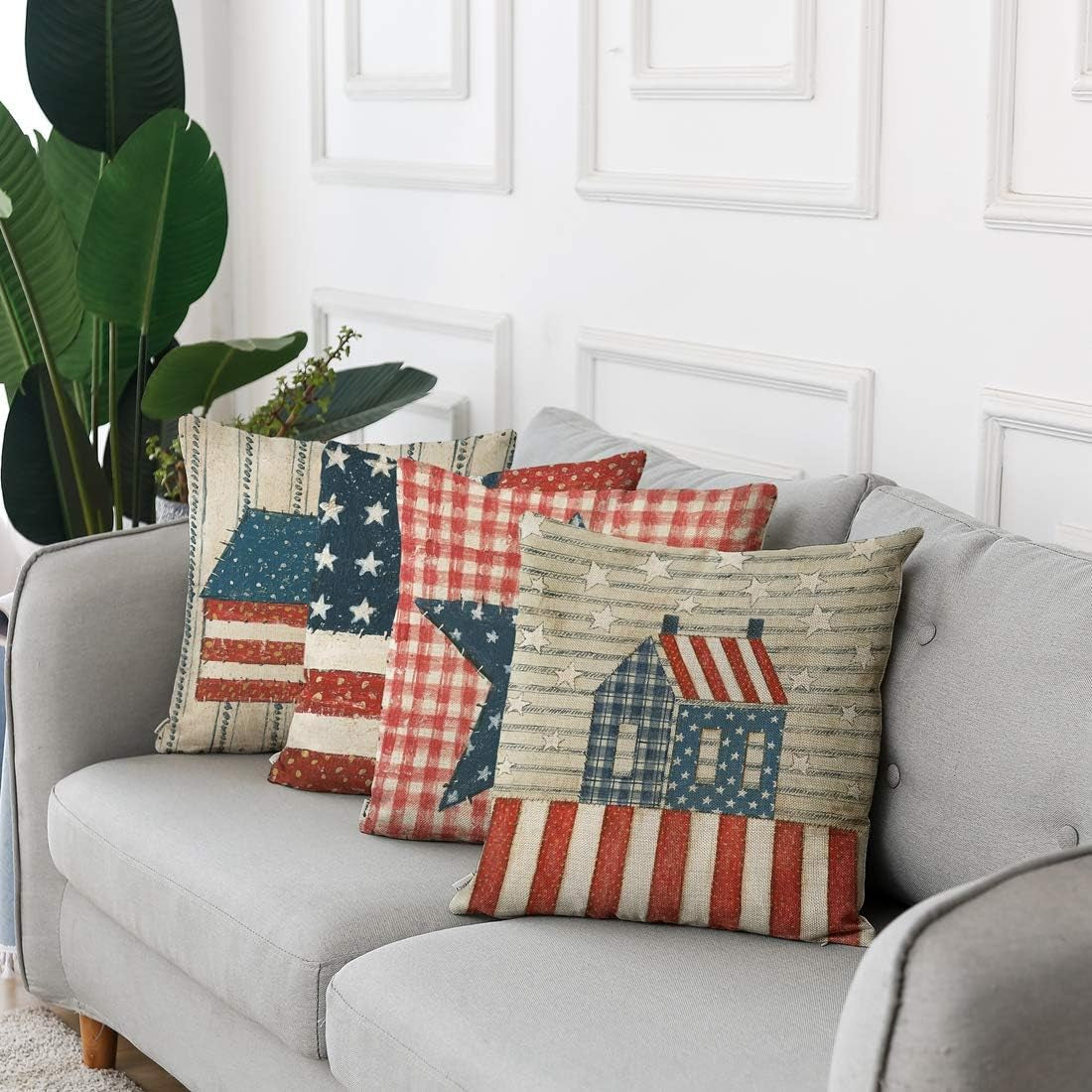 Artsocket Set of 4 Linen Throw Pillow Covers Day 4Th of July Independence Decorative Pillow Cases Home Decor Square 18X18 Inches Pillowcases