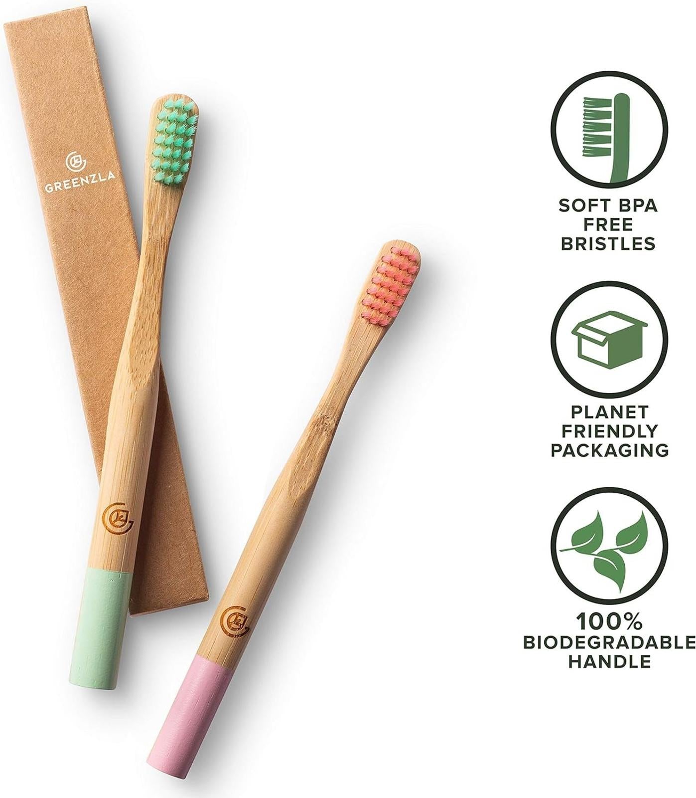 GREENZLA Kids Bamboo Toothbrushes, Natural Toothbrush Set, Soft Bristles (5 cnt)